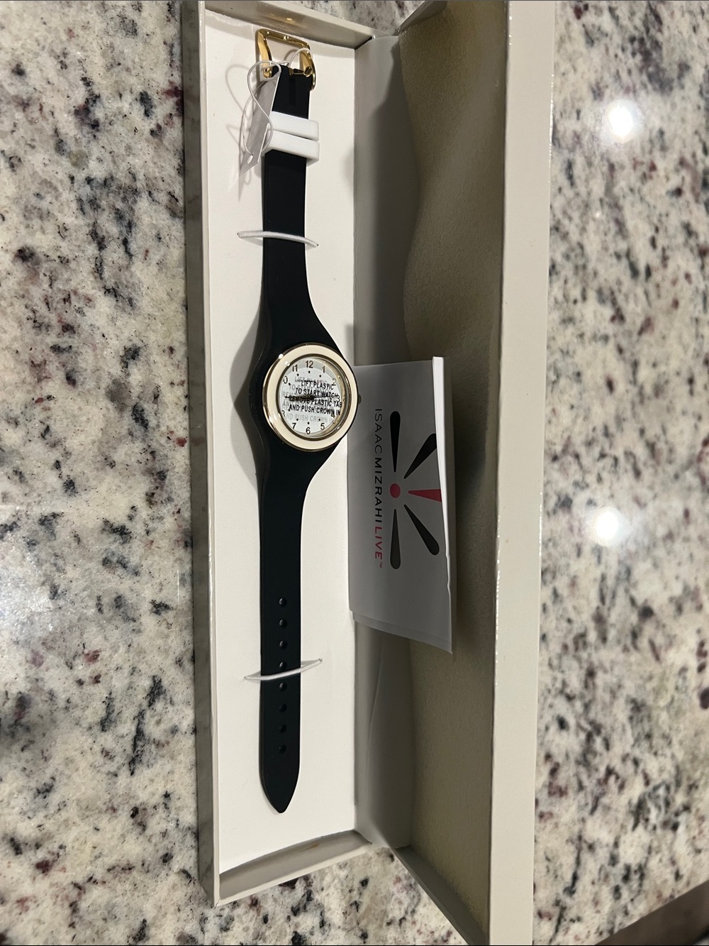 Isaac Mizrahi Black Silicone Watch with Gold-Tone Bezel and White Dial